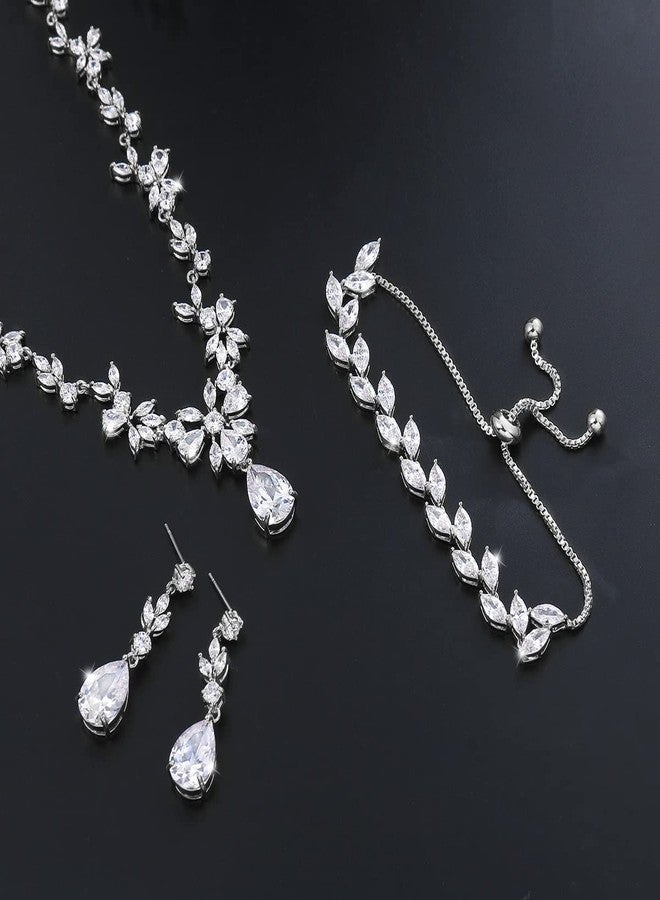 MEEDOZ White Gold Plated Necklace Dangle Earring Adjustable Bracelet Set with Marquise Teardrop Cubic Zirconia for Women (White Gold Plated) - Image 4